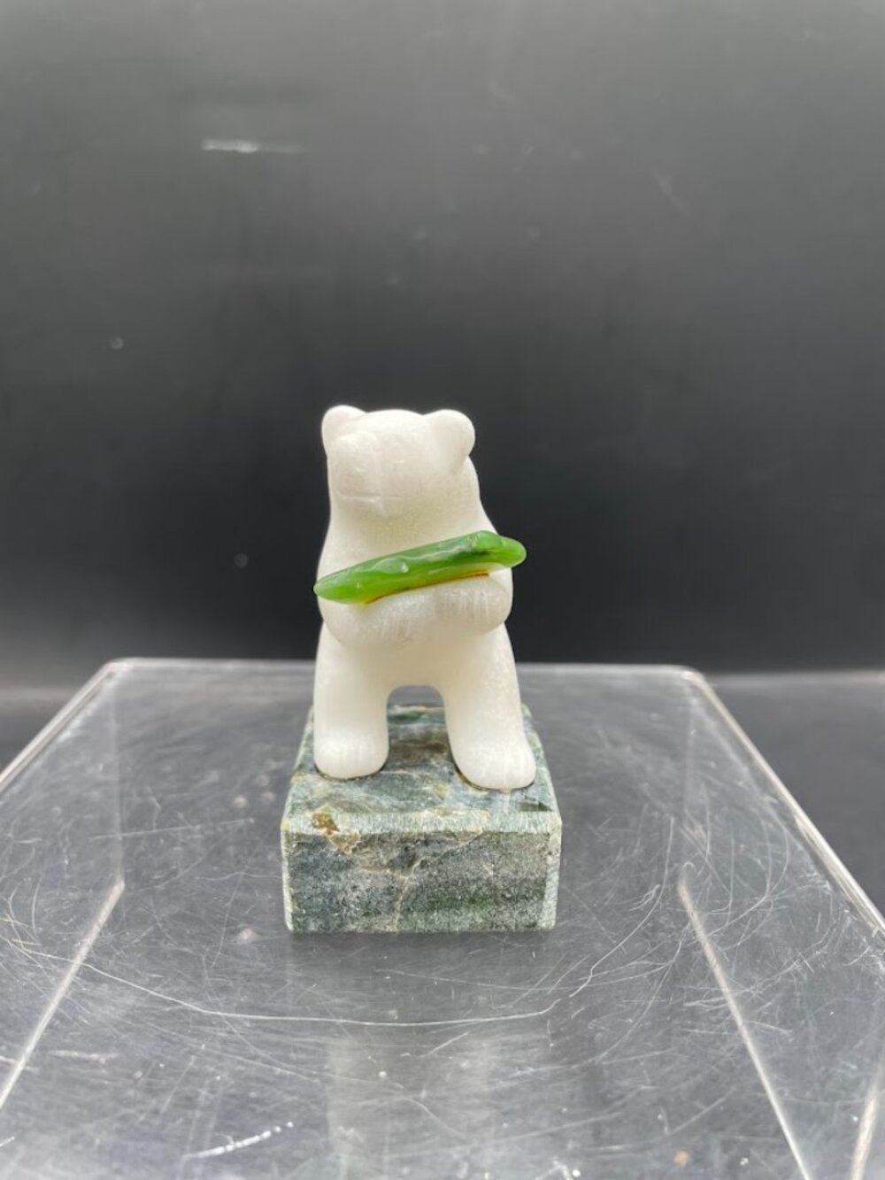 Souvenir White Marble Bear Holding Jade Fish on Green Marble Base Small Figure